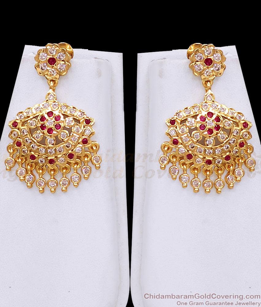 Premium Impon Ruby White Stone Long Haram Chandbali Earrings Set HR3812 Premium Impon Ruby White Stone Long Haram Chandbali Earrings Set HR3812