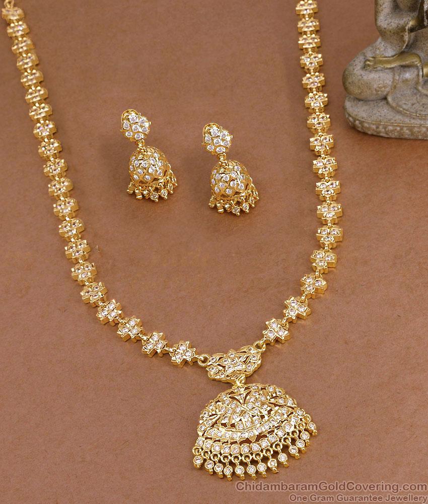 Five Metal Gold Polish White Stone Haram Jhumka Bridal Set HR3813