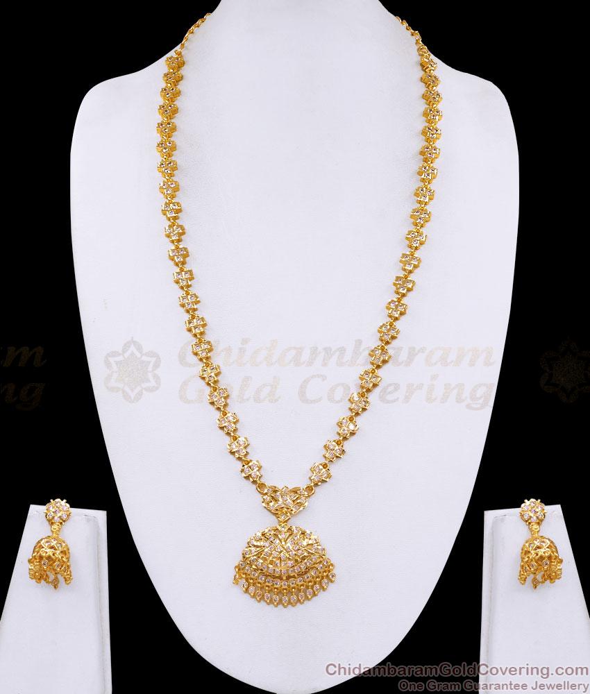 Five Metal Gold Polish White Stone Haram Jhumka Bridal Set HR3813
