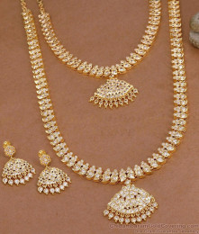 Impon Mango Motif Ruby White Stone Long Haram Necklace Combo Set HR3815