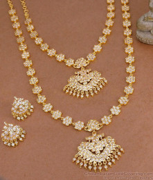 Full White Stone Impon 5 Metal Floral Haram Set Dual Peacock Design HR3816