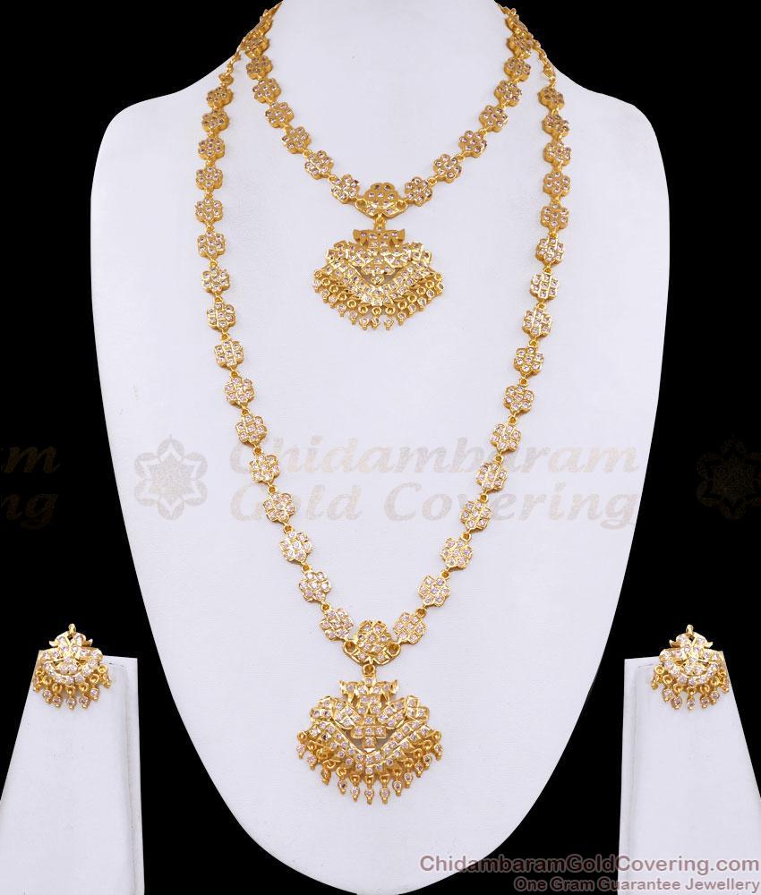 Full White Stone Impon 5 Metal Floral Haram Set Dual Peacock Design HR3816