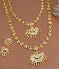 Handcrafted Five Metals Gold Polish Peacock Pendant Double Haram Set HR3817