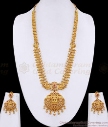 Grand One Gram Gold Gajalakshmi Pendant Long Haram Bridal Combo Set HR3821 Grand One Gram Gold Gajalakshmi Pendant Long Haram Bridal Combo Set HR3821