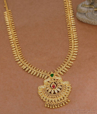 Unique Mullai Arumbu Gold Imitation Peacock Haram With Ad Stone HR3827