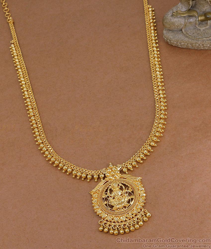 South Indian Traditional Goddess Lakshmi Pendant Long Haram Beaded Border Chain HR3835 South Indian Traditional Goddess Lakshmi Pendant Long Haram Beaded Border Chain HR3835