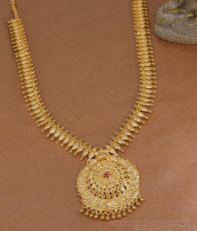 Real Gold Tone Leaf Malai Ruby Stone Long Haram Online HR3839