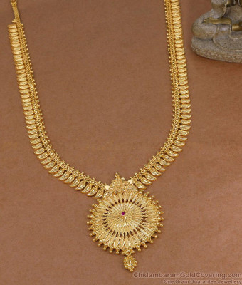 Single Ruby Stone Leaf Design Gold Long Haram For Women HR3842