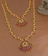 High Quality Gold Plated Ruby Stone Haram Necklace Combo For Wedding HR3852 High Quality Gold Plated Ruby Stone Haram Necklace Combo For Wedding HR3852