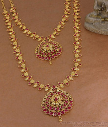 High Quality Gold Plated Ruby Stone Haram Necklace Combo For Wedding HR3852