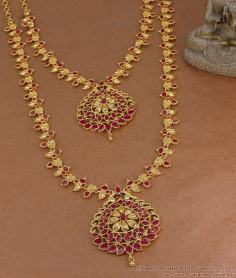 High Quality Gold Plated Ruby Stone Haram Necklace Combo For Wedding HR3852