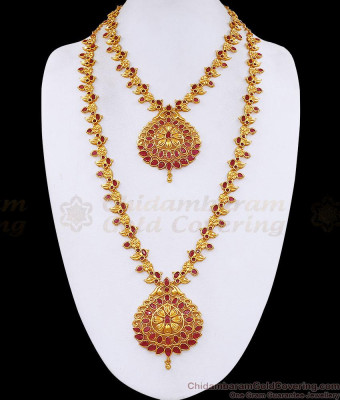 High Quality Gold Plated Ruby Stone Haram Necklace Combo For Wedding HR3852