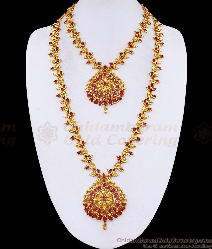 High Quality Gold Plated Ruby Stone Haram Necklace Combo For Wedding HR3852 High Quality Gold Plated Ruby Stone Haram Necklace Combo For Wedding HR3852