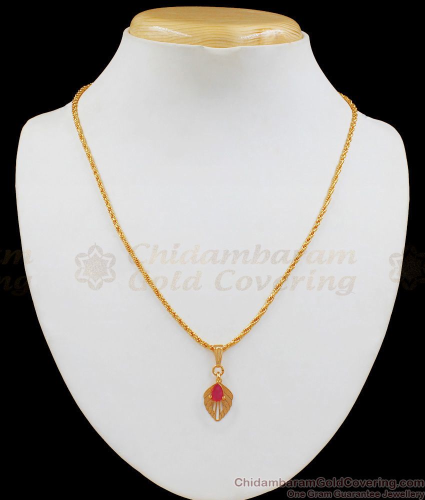 Single Ruby Stone Light Weight Leaf Design Gold Pendant Chain SMDR545