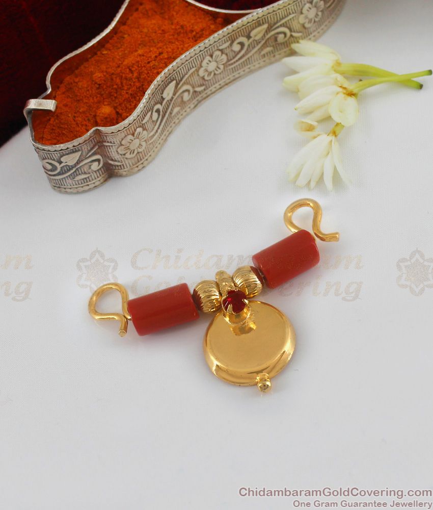 THAL112 Traditional Red Coral Stone Gold Plated Thali Set Shop Online