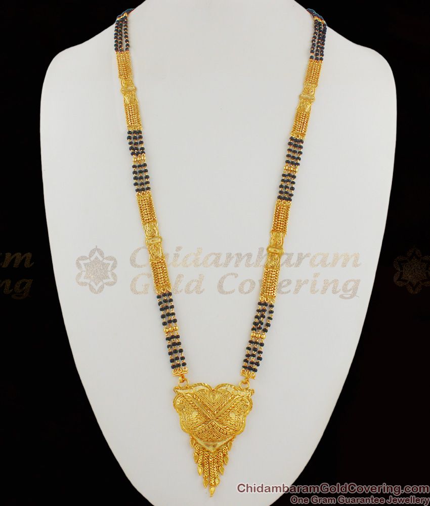 Multiline Gold Plated Mangalsutra Black Beaded Long Thali Chain Design THAL60