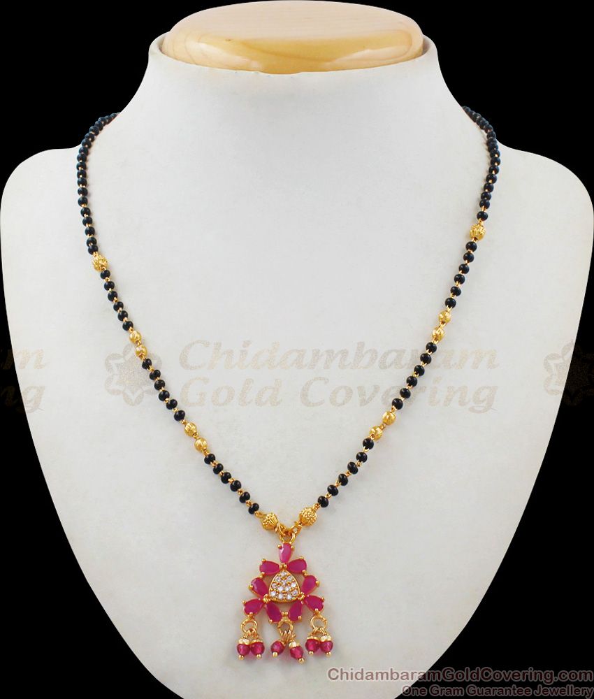 Simple Gold Mangalsutra Design Short Chain With Ruby Stone THAL92