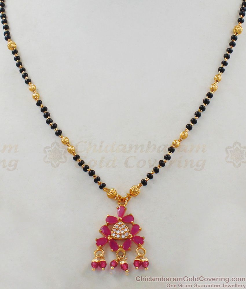 Simple Gold Mangalsutra Design Short Chain With Ruby Stone THAL92