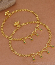 11 Inch Trendy One Gram Gold Heart Shaped Anklet With Green Stones ANKL1271