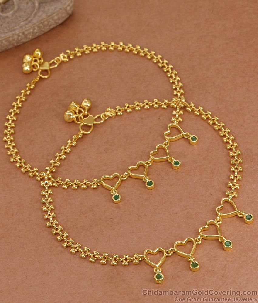 11 Inch Trendy One Gram Gold Heart Shaped Anklet With Green Stones ANKL1271 11 Inch Trendy One Gram Gold Heart Shaped Anklet With Green Stones ANKL1271