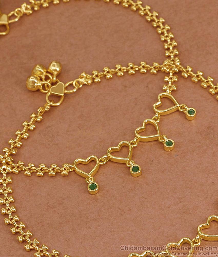 11 Inch Trendy One Gram Gold Heart Shaped Anklet With Green Stones ANKL1271 11 Inch Trendy One Gram Gold Heart Shaped Anklet With Green Stones ANKL1271