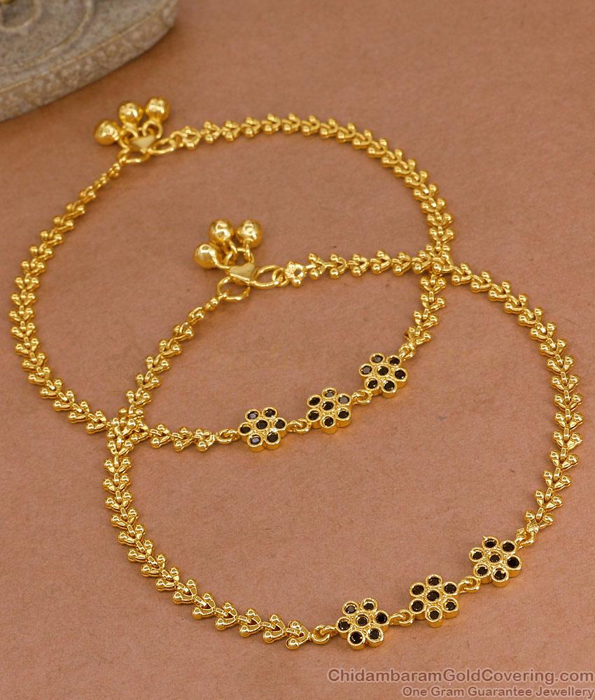 10 Inch Stylish Leafy Link Design Gold Plated Anklet With Black Stone Flowers ANKL1272 10 Inch Stylish Leafy Link Design Gold Plated Anklet With Black Stone Flowers ANKL1272