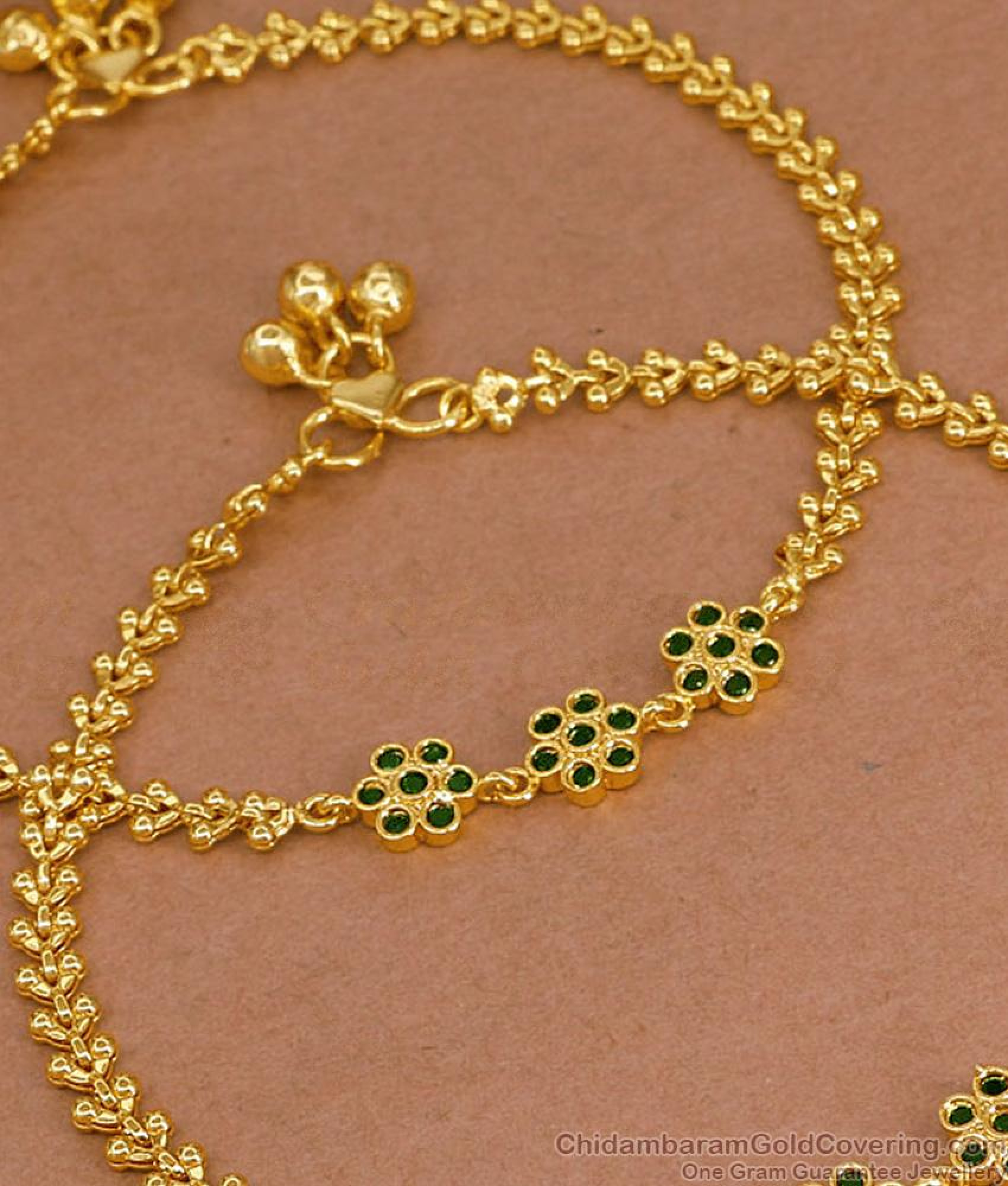 11 Inch Elegant Green Stone Flower Design Gold Plated Payal For Women ...