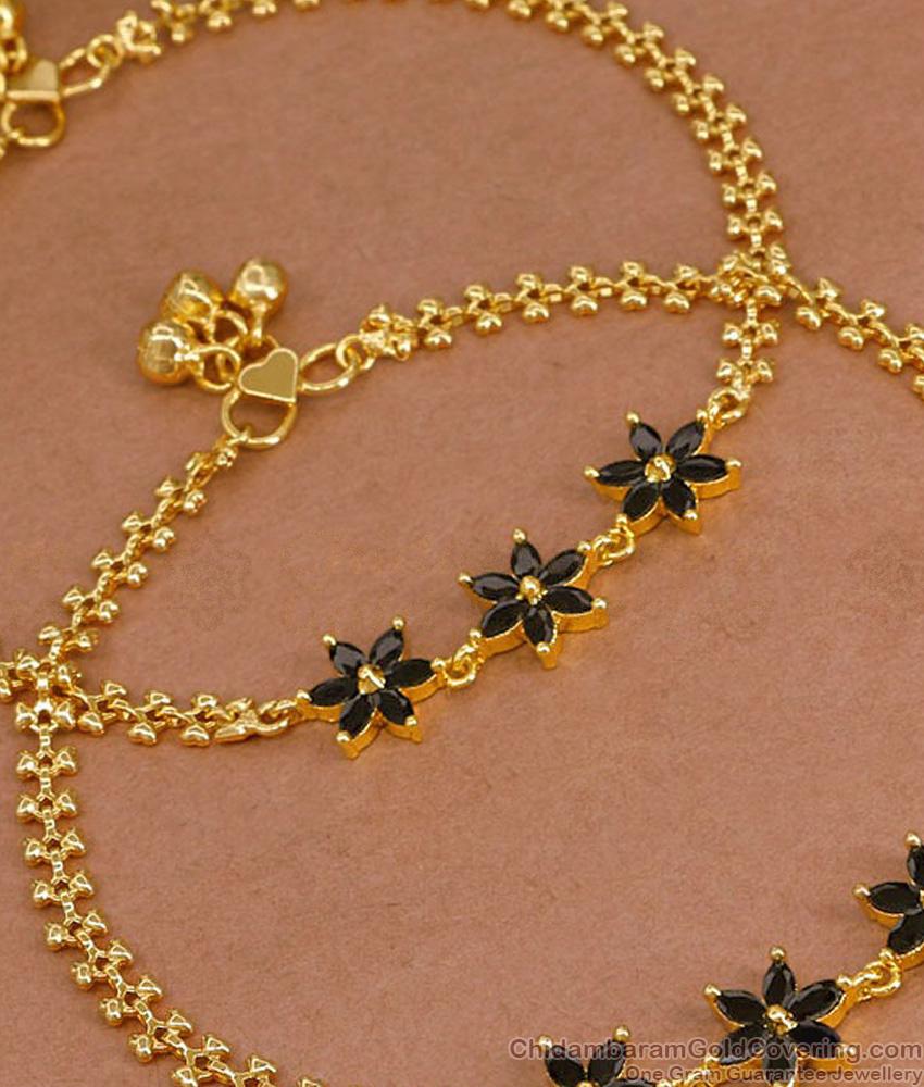 10.5 Inch Floral Micro Gold Plated Black Stone Anklet Evil Eye Payal Designs ANKL1274 10.5 Inch Floral Micro Gold Plated Black Stone Anklet Evil Eye Payal Designs ANKL1274