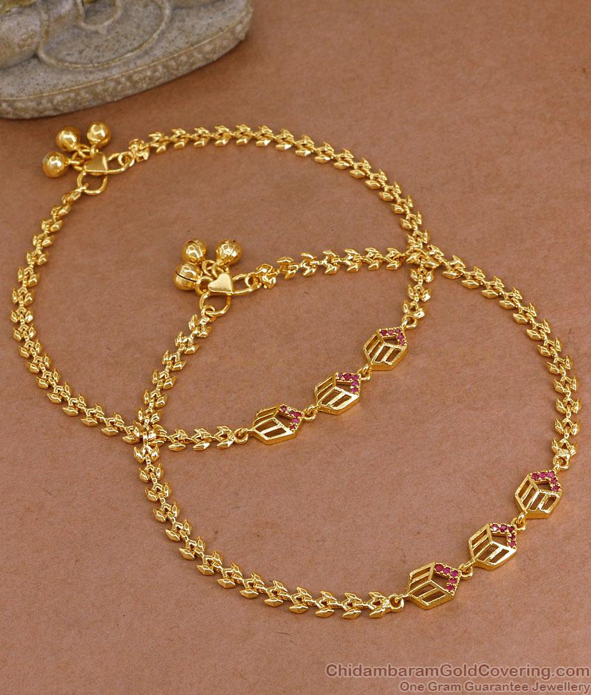 10 Inch Stylish 1 Gram Gold Ruby Stone Payal Design For Wedding ANKL1290 10 Inch Stylish 1 Gram Gold Ruby Stone Payal Design For Wedding ANKL1290