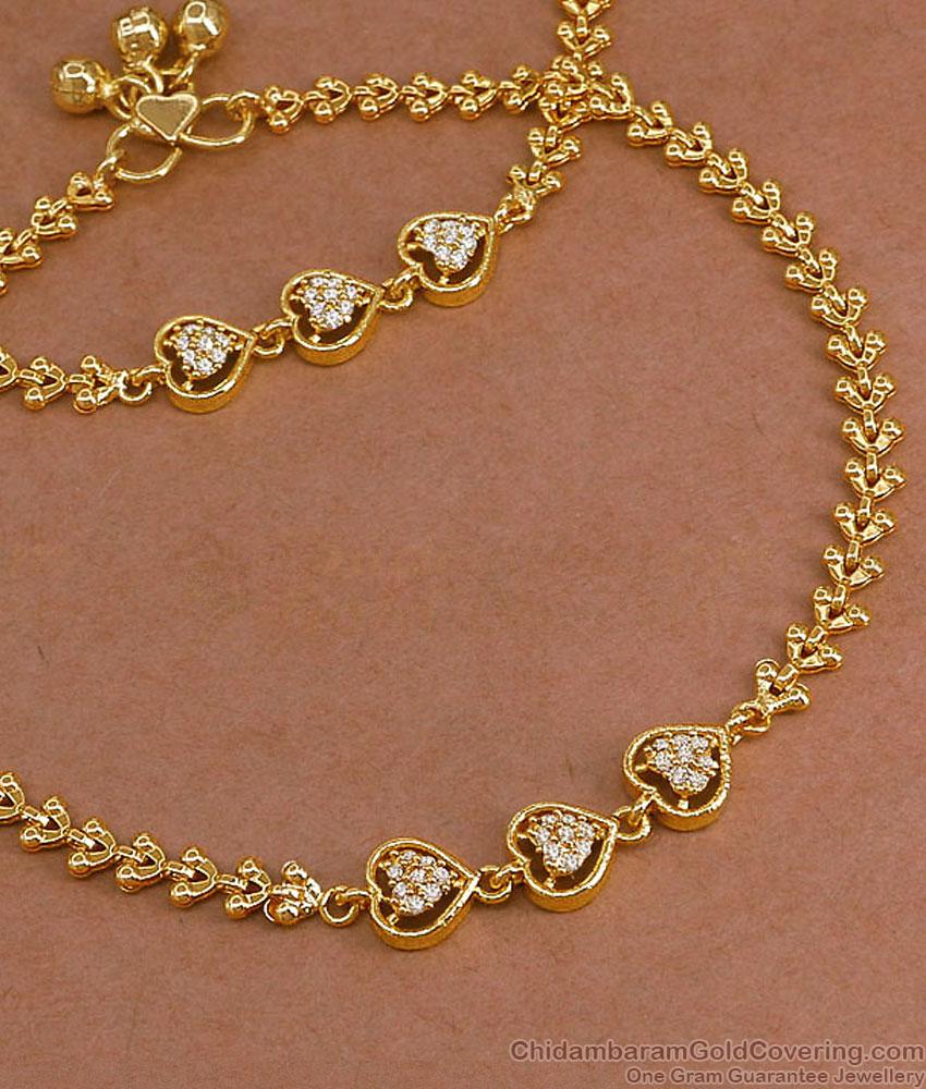 10.5 Inch Beautiful White Stone Heart Design Gold Payal ANKL1305