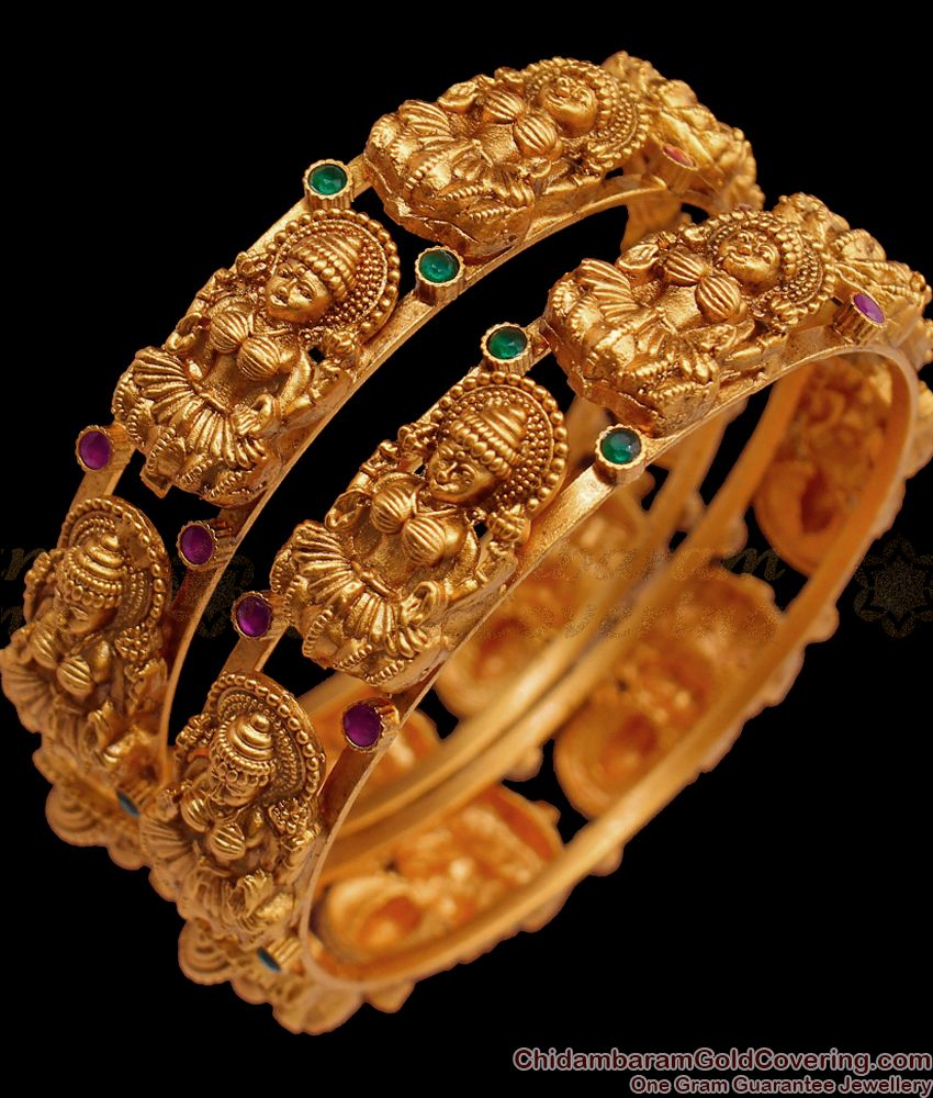 BR1422-2.6 Size Premium Temple Jewellery Bangles Antique Nagas Work Gold Plated Designs