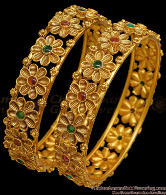 BR1809-2.8 Size Beautiful Floral Ad Stone Antique Bangle Bridal Jewelry