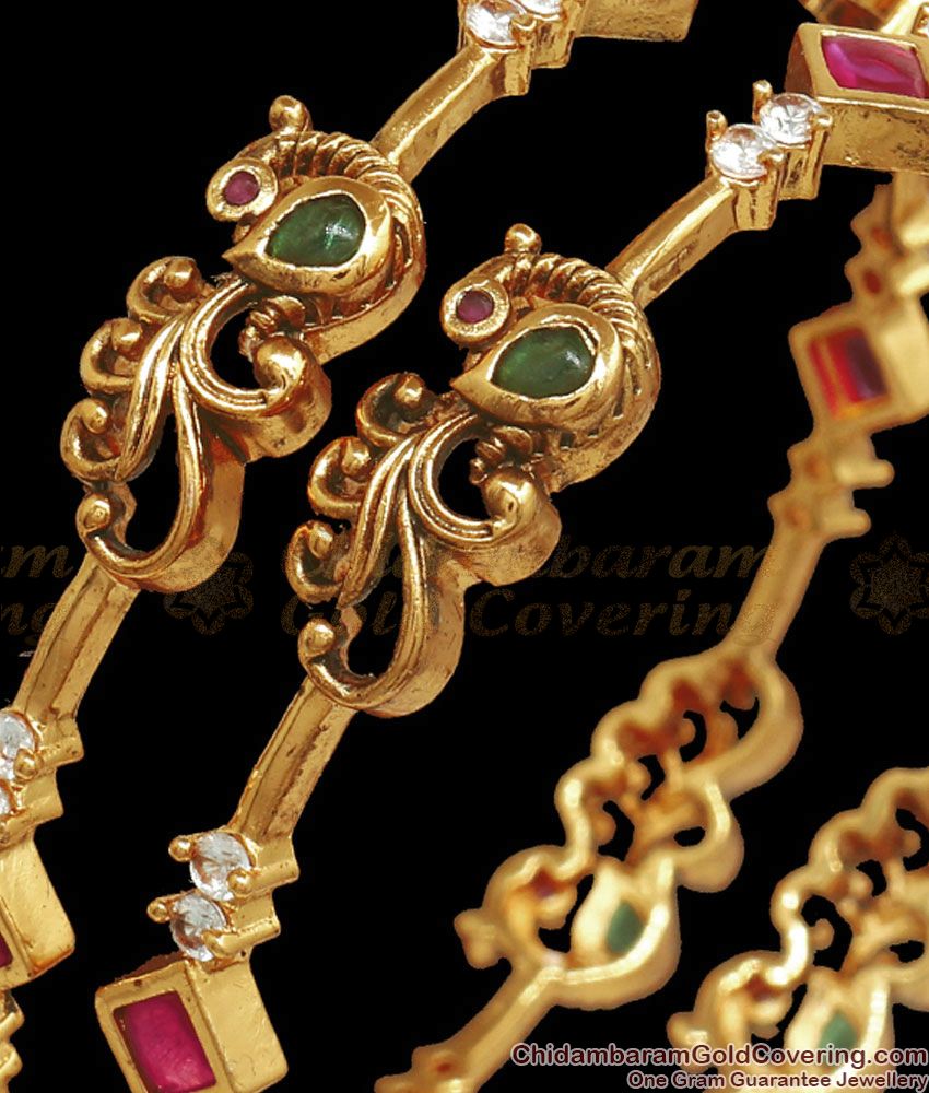 BR2028-2.6 Size Premium Antique 1 Gram Gold Bangle Peacock Design Kemp Jewelry