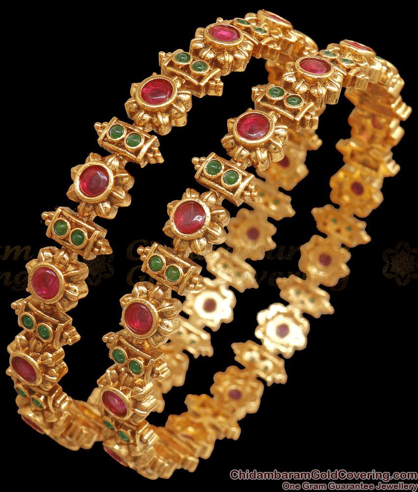 BR2327-2.6 Size Premium Antique Gold Bangles Floral Temple Jewelry Designs