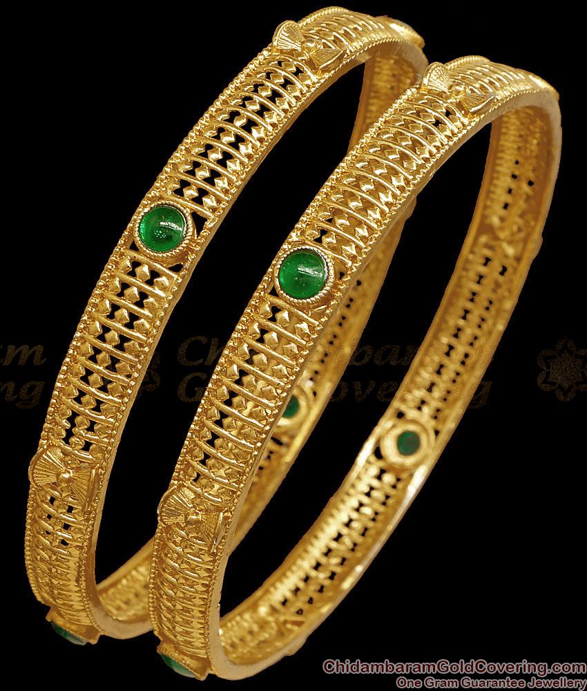 BR2820-2.8 Size Trendy Emerald Stone Antique Gold Bangle Temple Jewelry