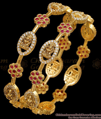 BR2822-2.6 Size Set Of Two Elegant Temple Wear Ruby White Stone Bangle Antique Gold Jewelry