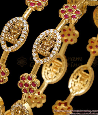 BR2822-2.6 Size Set Of Two Elegant Temple Wear Ruby White Stone Bangle Antique Gold Jewelry