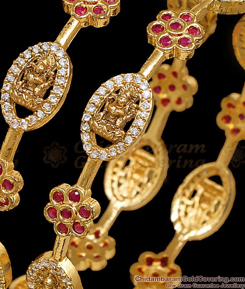 BR2822-2.4 Size Set Of Two Elegant Temple Wear Ruby White Stone Bangle Antique Gold Jewelry