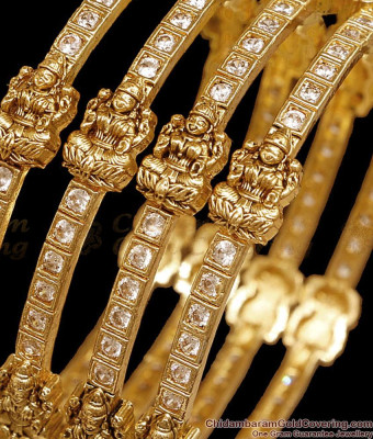 BR2910-2.8 Size Set Of Four Antique Gold Plated Lakshmi Temple CZ Stone Bangles