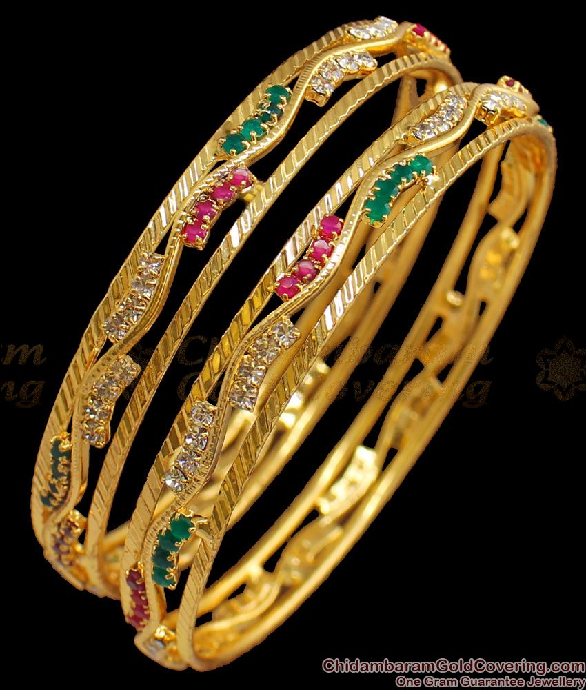 BR1542-2.6 Multi Color AD Stone Gold Bangles For Function Wear