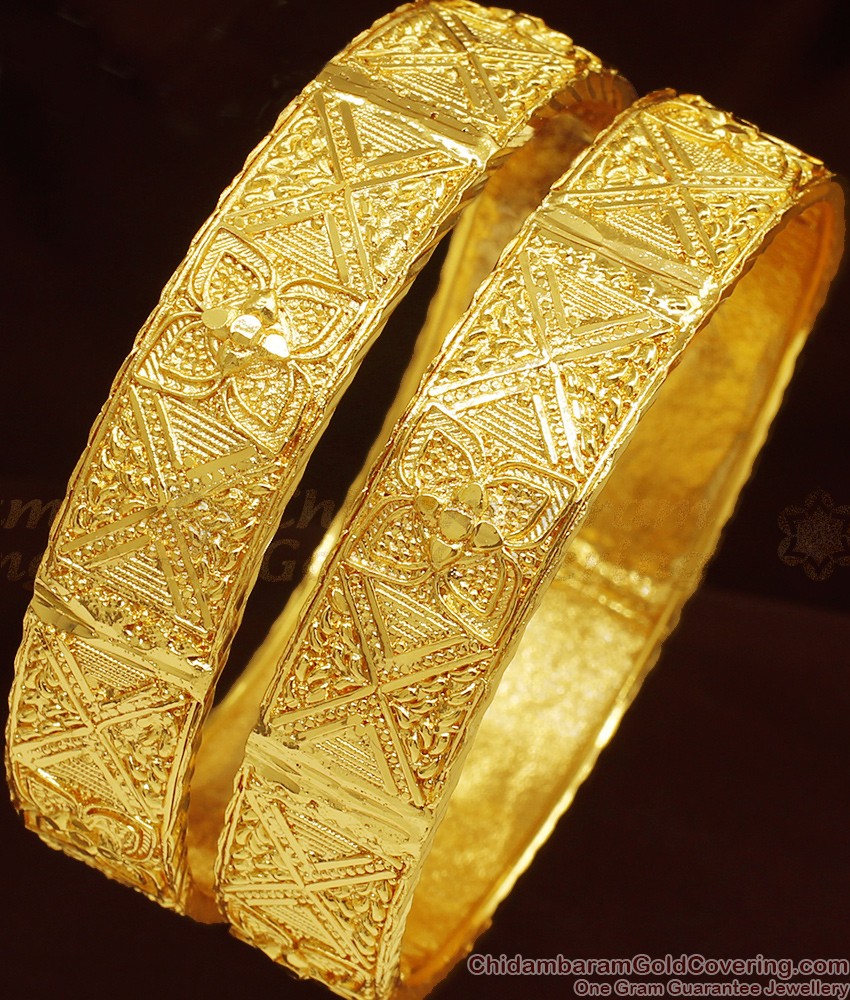 BR1001-2.8 Size Set of 2 One Gram Gold Broad Bangle Set for Women BR1001-2.8 Size Set of 2 One Gram Gold Broad Bangle Set for Women