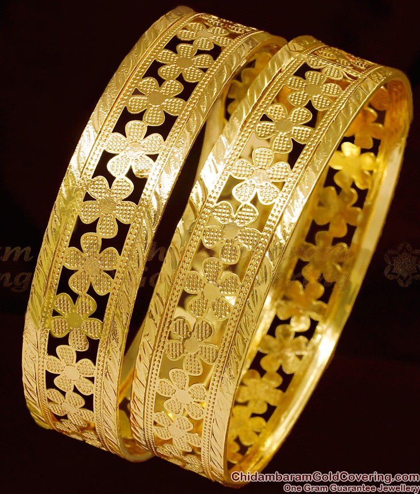 BR1009-2.6 Size Full Gold Flower Design Broad Bangles Set BR1009-2.6 Size Full Gold Flower Design Broad Bangles Set
