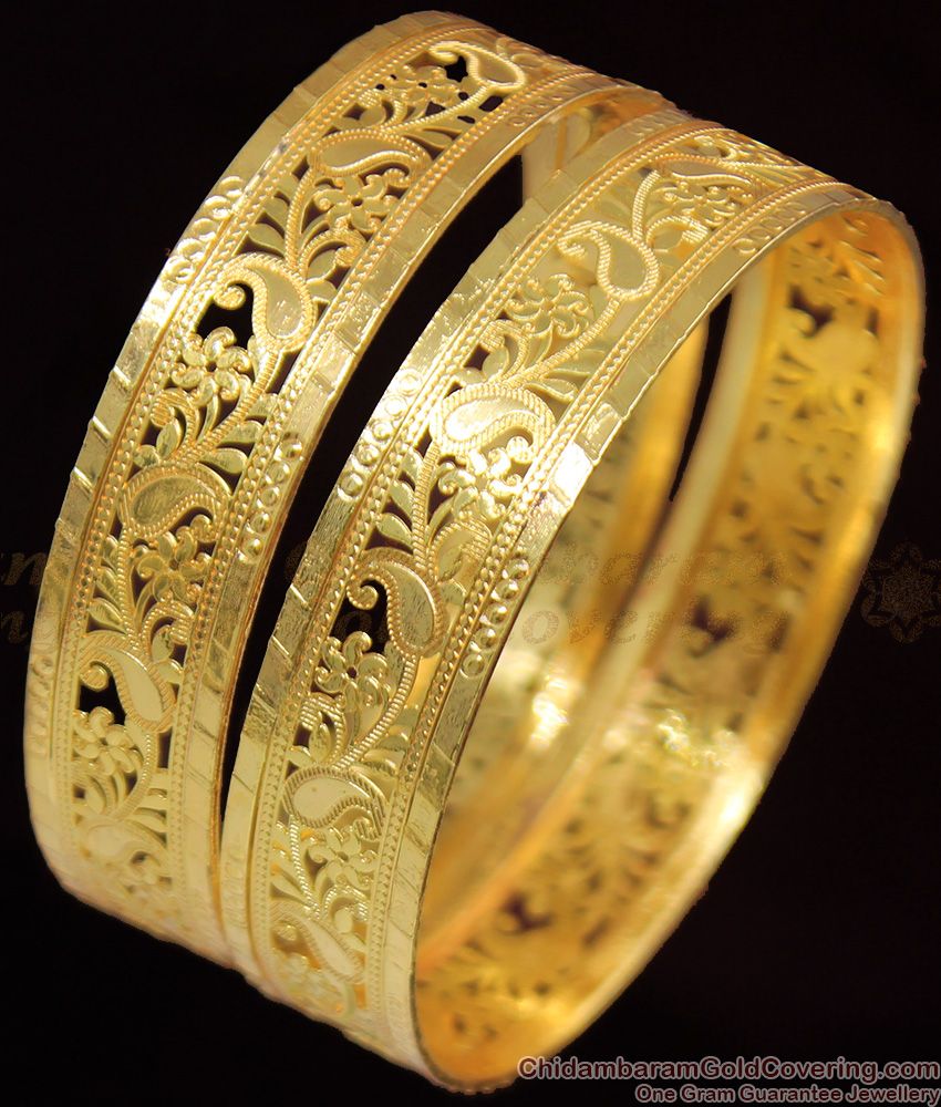 BR1076-2.6 Gold Flower Pattern Broad Bangle Design Online Shopping