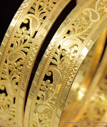 BR1076-2.4 Gold Flower Pattern Broad Bangle Design Online Shopping