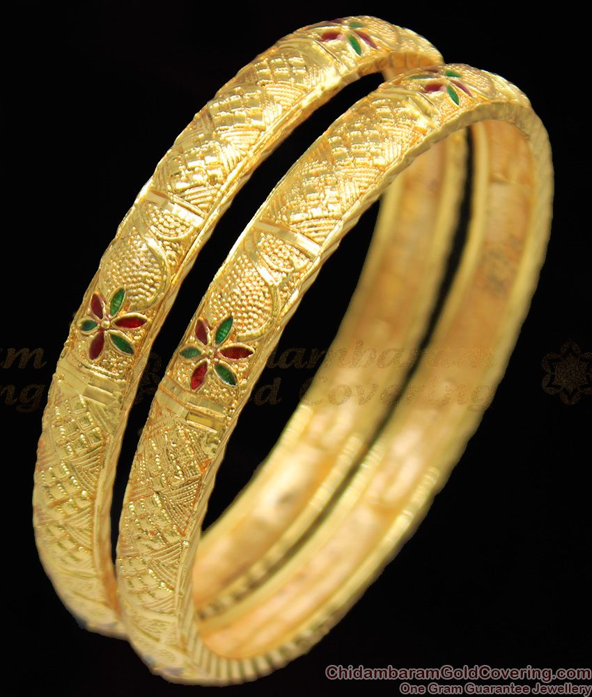 BR1105-2.8 Meenakari Enamel Leaf Pattern Kerala Self Design Bangles Collection