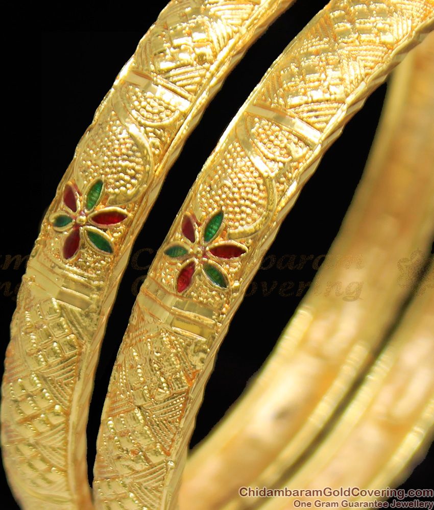 BR1105-2.8 Meenakari Enamel Leaf Pattern Kerala Self Design Bangles Collection