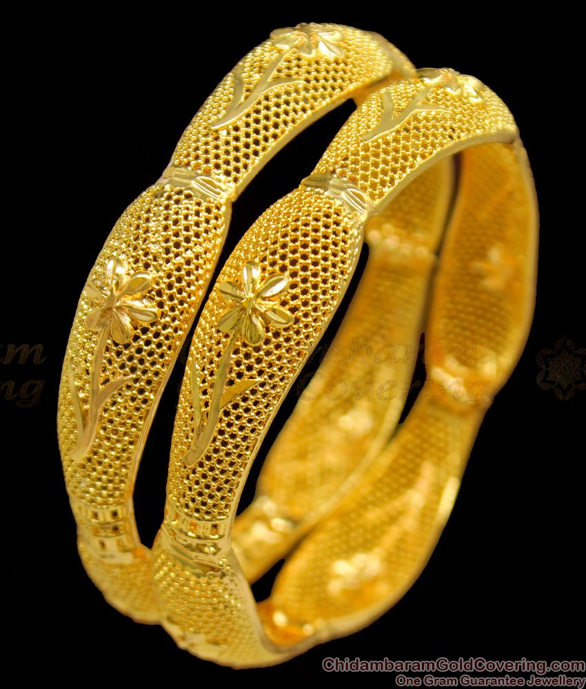 BR1131-2.10 Beautiful Leaf Flower Design Real Gold Net Type Bangles For Womens