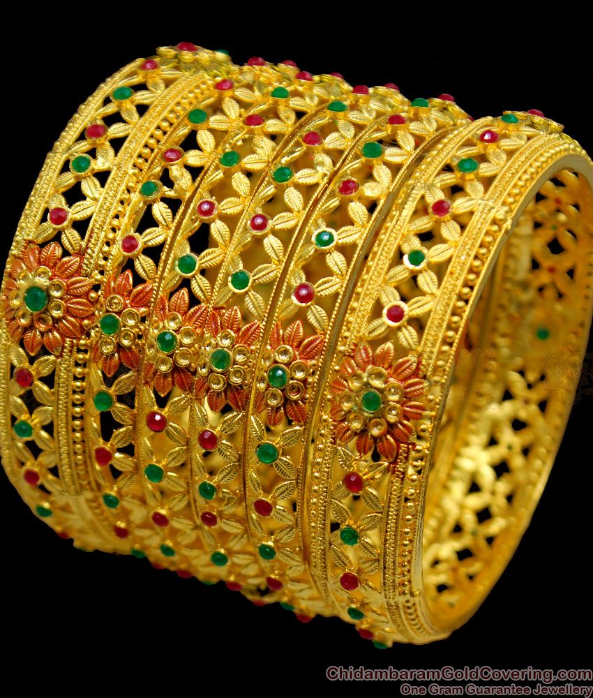 BR1152-2.4 Set Of Six Peacock Pattern Gold Forming Bangles For Marriage Functions
