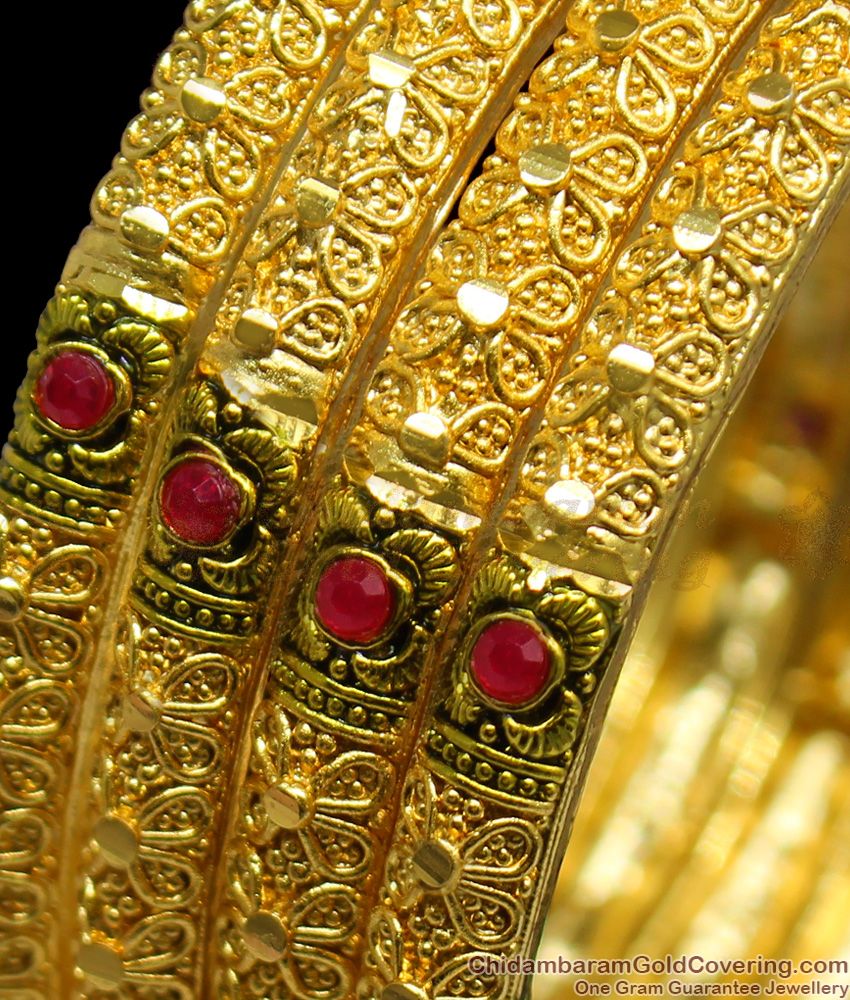 BR1162-2.4 Ruby Stone Inspired Traditional Enamel Gold Bangles For Ladies