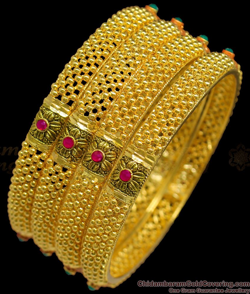BR1252-2.8 Set Of Four Kundan Double Color Stone Flower Pattern Forming Bangles